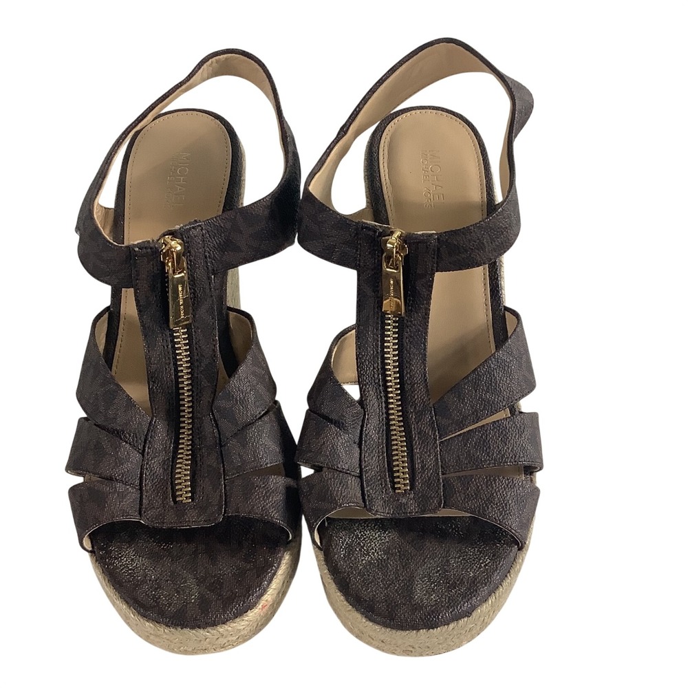 Michaelโ Kors Brown Logo Espadrille Wedge Sandals Gold Zip Front 9.5M PV17K